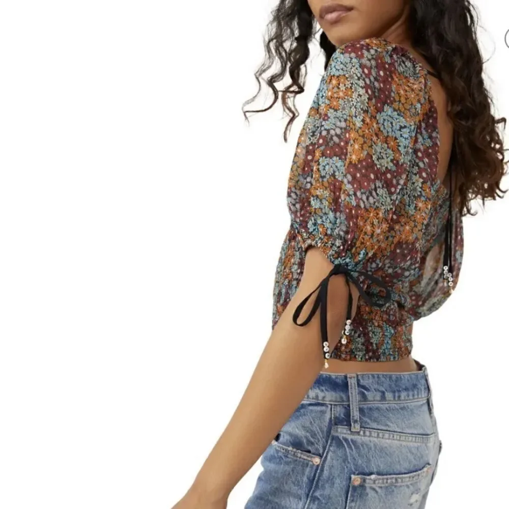 Free People Back On Crop Top Smocked Puff Sleeves Floral Printed XS